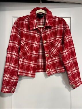 Timing Red White Plaid Cropped Button Jacket
